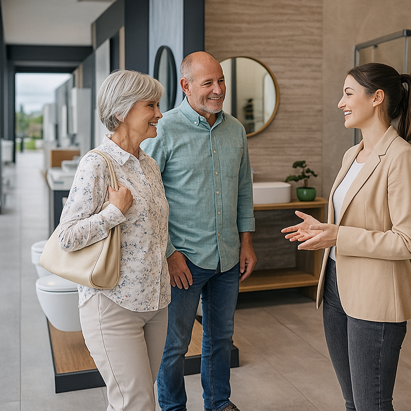 Ein lächelndes älteres Ehepaar unterhält sich mit einer jungen Frau in einem hellen, modernen Ausstellungsraum für Badezimmerarmaturen. Alle wirken engagiert, als sie über Badsanierung in Köln durch TopBad24 sprechen.
