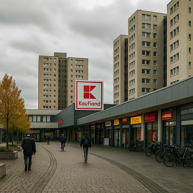 Ein Einkaufszentrum mit einem großen Kaufland-Schild, umgeben von hohen Wohnhäusern. In der Nähe der Geschäfte sind Fahrräder geparkt und mehrere Menschen gehen den Weg entlang. Der Himmel ist bedeckt und ein paar Bäume zeigen Herbstfarben - perfekt, um über Badsanierung in Köln durch TopBad24 nachzudenken.
