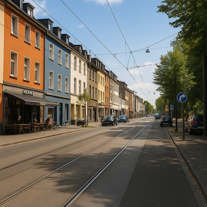 Eine ruhige städtische Straße mit bunten Gebäuden, darunter ein Café mit Sitzgelegenheiten im Freien. Straßenbahnschienen verlaufen entlang der Straße in der Nähe eines Geschäfts, das Badsanierung in Köln durch TopBad24 anbietet, während Bäume den Bürgersteig unter einem teilweise bewölkten Himmel säumen.