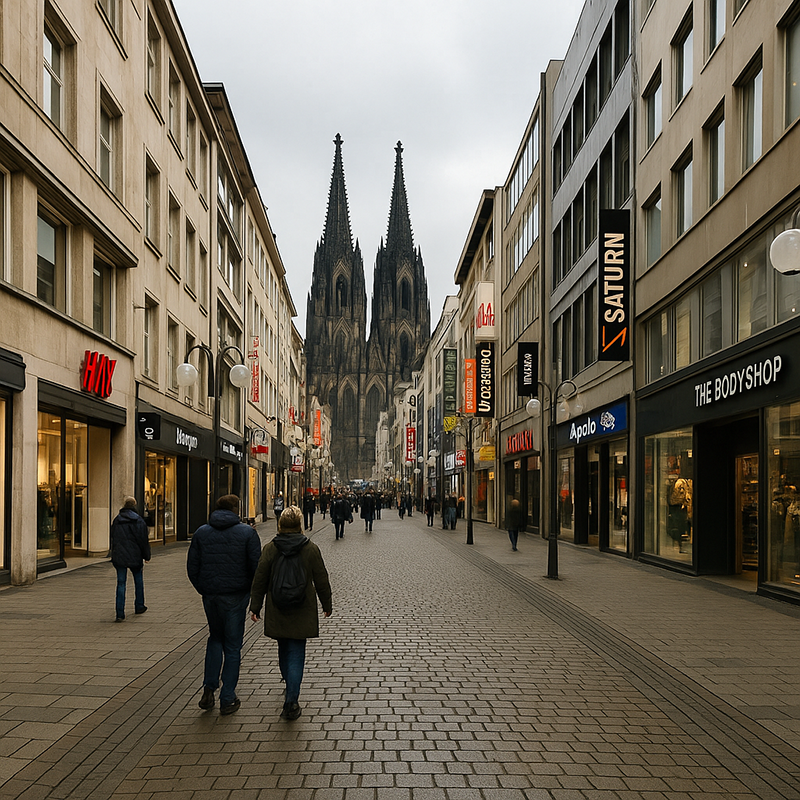 Eine von Geschäften gesäumte Fußgängerzone, darunter H&M und The Body Shop, führt bei bewölktem Himmel zum Kölner Dom in Deutschland. Schilder für lokale Dienstleistungen wie Badsanierung in Köln durch TopBad24 sind ebenfalls entlang des Weges zu sehen.