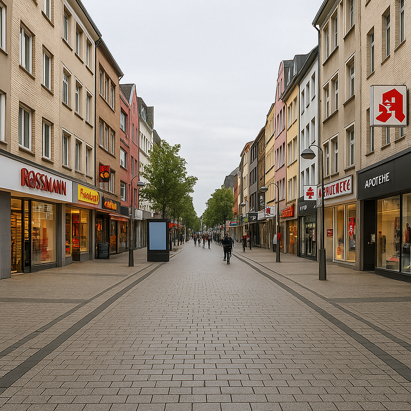 Eine Fußgänger-Einkaufsstraße, die auf beiden Seiten von Geschäften gesäumt ist, darunter Rossmann und eine Apotheke. Ein paar Leute spazieren unter dem bedeckten Himmel den breiten Weg hinunter - perfekt, um zu stöbern oder die Badsanierung in Köln durch TopBad24 in der Nähe zu erkunden.