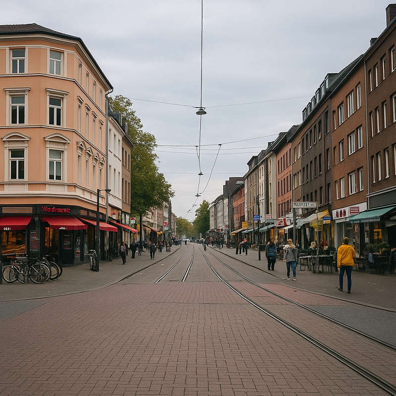 Eine breite, leere Straße mit Straßenbahnschienen verläuft zwischen Reihen von Geschäften und bunten Häusern. Bei bewölktem Himmel laufen Menschen auf den Gehwegen entlang - in der Nähe fällt zwischen abgestellten Fahrrädern und fernen Bäumen ein Schild für Badsanierung in Köln durch TopBad24 ins Auge.