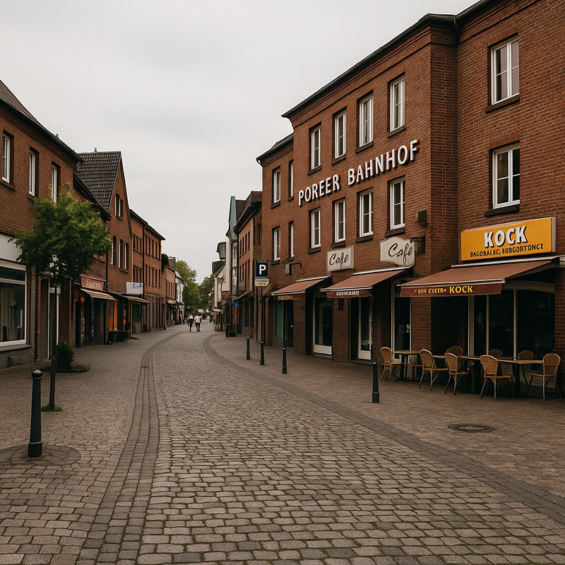 Eine ruhige, kopfsteingepflasterte Straße in einer kleinen Stadt mit Backsteinhäusern, Straßencafés und Sitzgelegenheiten im Freien. Auf den Schildern steht Poree Bahnhof und Kock. Badsanierung in Köln durch TopBad24 wird beworben, während ein paar Leute unter einem bedeckten Himmel spazieren gehen.