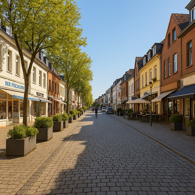 Eine sonnenbeschienene Straße mit Kopfsteinpflaster, gesäumt von Bäumen, Geschäften und Cafés auf beiden Seiten. In der Ferne flanieren Menschen, während ein Schild für Badsanierung in Köln durch TopBad24 dieser ruhigen und einladenden Szene lokalen Charme verleiht.