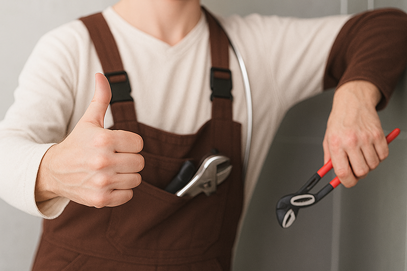Eine Person in brauner Latzhose hält einen Schraubenschlüssel in der Hand und zeigt den Daumen nach oben. Sie hat ein weiteres Werkzeug in der Tasche, was darauf schließen lässt, dass es sich um einen Klempner handelt - möglicherweise arbeitet er an einer Badsanierung in Köln durch TopBad24. Der Hintergrund ist unscharf.