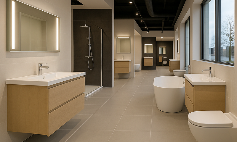 Ein moderner Badezimmer-Showroom mit schwebenden Holzwaschtischen, beleuchteten Spiegeln, einer freistehenden Badewanne und großen Fenstern, die mit natürlichem Licht gefüllt sind - ein inspirierender Raum für Ihre Badsanierung in Düsseldorf durch TopBad24. Großzügiges, minimalistisches Design in neutralen Tönen.