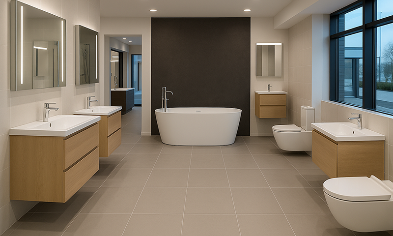 Ein modernes, geräumiges Bad mit einer freistehenden Badewanne, zwei großen Waschtischen, wandhängenden Toiletten und großen Spiegeln in neutraler Farbgebung - fachmännisch ausgeführt von Badsanierung in Köln durch TopBad24 mit viel Tageslicht durch große Fenster.