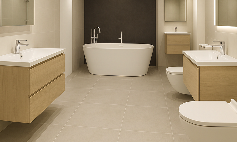 Modernes Bad mit freistehender weißer Badewanne, Doppelwaschbecken mit hellen Holzwaschtischen und neutralen beigen Fliesen. Genießen Sie dieses minimalistische Design nach einer Badsanierung in Langenfeld durch TopBad24 für einen hellen, erfrischten Raum.