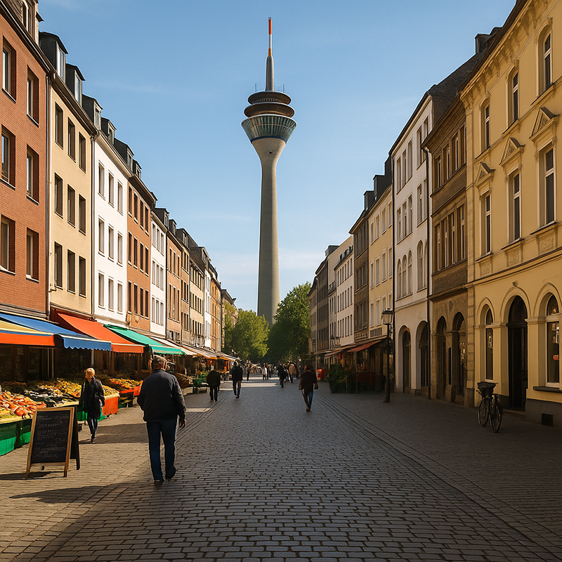 Eine von bunten Gebäuden und Marktständen gesäumte Kopfsteinpflasterstraße führt unter blauem Himmel auf einen hohen Fernsehturm zu. Menschen schlendern entlang, während ein Ladenschild für Badsanierung in Düsseldorf durch TopBad24 wirbt.