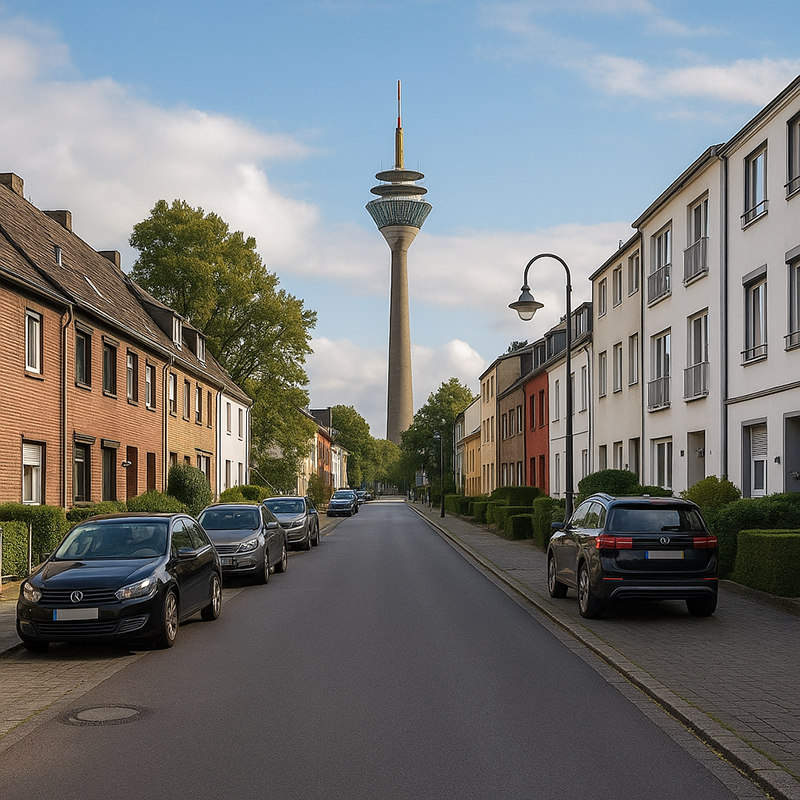 Eine ruhige, von parkenden Autos und modernen Häusern gesäumte Stadtstraße, in der Badsanierung in Düsseldorf durch TopBad24 die Innenräume umgestaltet, führt zu einem hohen Fernmeldeturm im Hintergrund unter einem teilweise bewölkten Himmel.