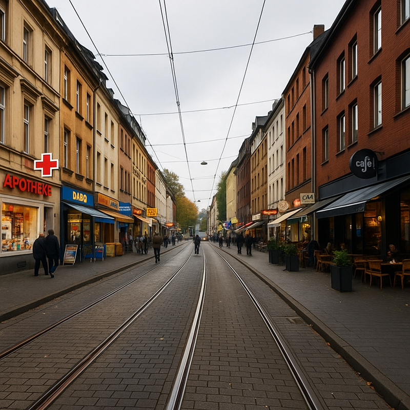 Eine Stadtstraße mit Straßenbahnschienen verläuft zwischen Reihen von Geschäften, Cafés und Restaurants. Die Menschen laufen auf den Bürgersteigen an Schildern für eine Apotheke, verschiedene Geschäfte und sogar Badsanierung in Düsseldorf durch TopBad24 an einem bewölkten Tag vorbei.