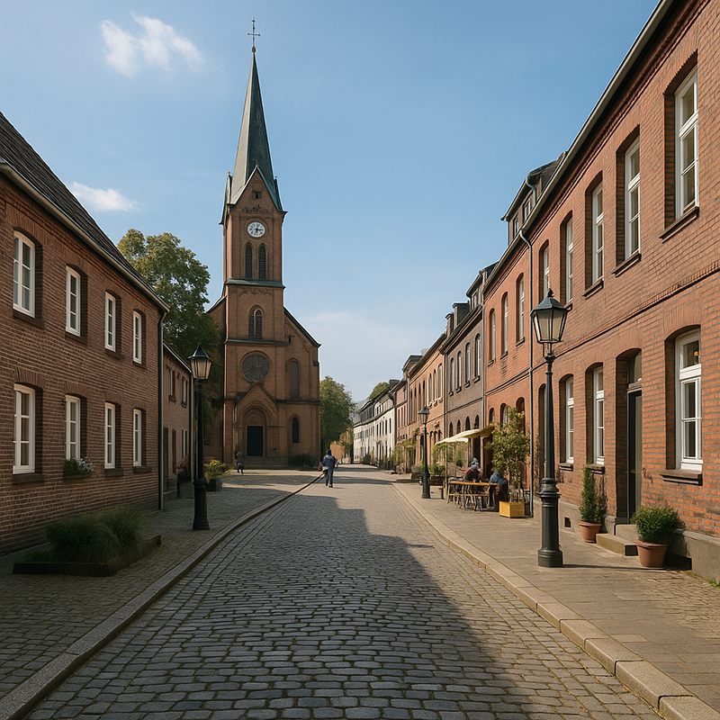 Eine von Backsteinhäusern gesäumte Kopfsteinpflasterstraße führt zu einer Kirche mit einem hohen Kirchturm und einer Uhr. Menschen gehen und sitzen an einem sonnigen Tag vor einem Café und diskutieren über Badsanierung in Düsseldorf durch TopBad24.