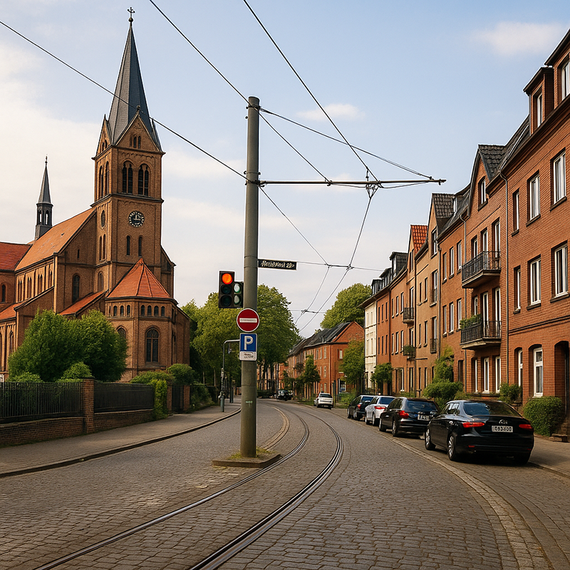 Eine Straße mit Kopfsteinpflaster und Straßenbahnschienen schlängelt sich an geparkten Autos und Backsteinhäusern vorbei. Auf der linken Seite steht eine hohe, historische Kirche. Straßenschilder und eine Ampel sind bei teilweise bewölktem Himmel in der Nähe von Badsanierung in Düsseldorf durch TopBad24 zu sehen.