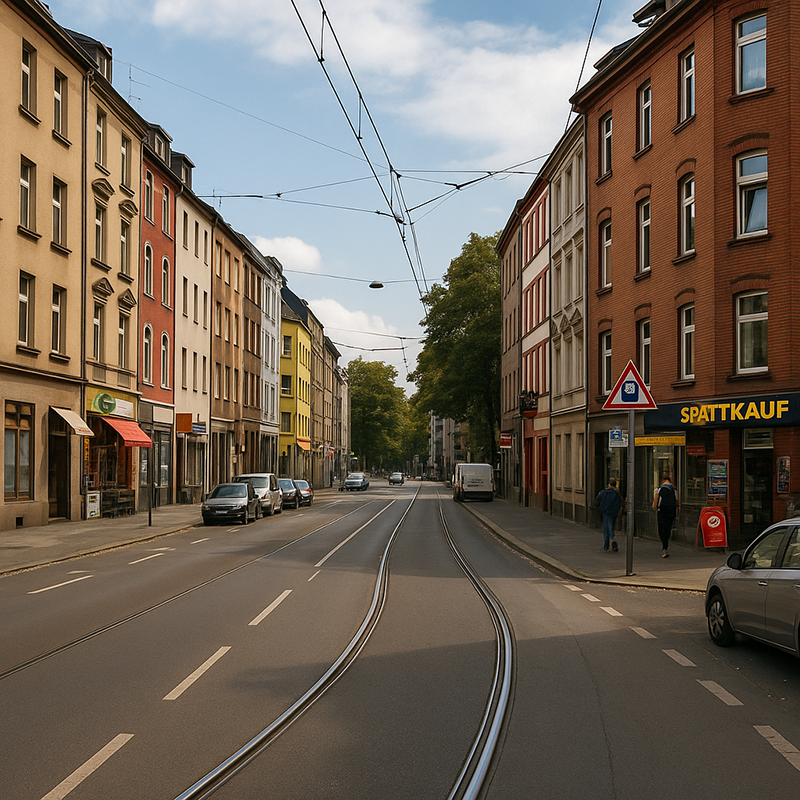 Eine ruhige Stadtstraße mit bunten Gebäuden und Geschäften, darunter ein Supermarkt auf der rechten Seite. In der Mitte verlaufen Straßenbahnschienen, und ein Schild wirbt für Badsanierung in Düsseldorf durch TopBad24. Zwei Personen gehen auf dem Bürgersteig.