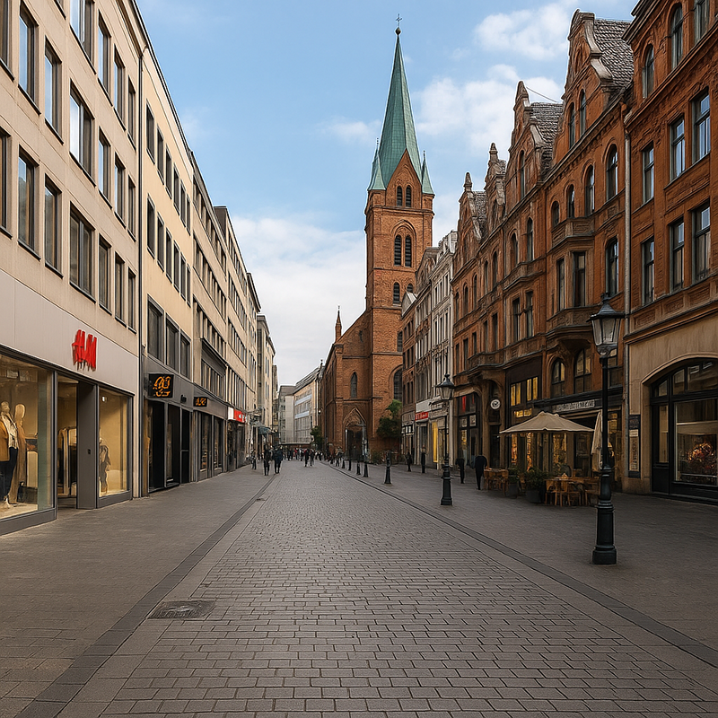Eine von Geschäften und historischen Gebäuden gesäumte Fußgängerzone führt zu einer hohen Backsteinkirche mit grüner Turmspitze unter blauem Himmel. Die Menschen schlendern an Straßencafés vorbei, während in den Schaufenstern für Badsanierung in Düsseldorf durch TopBad24 geworben wird.