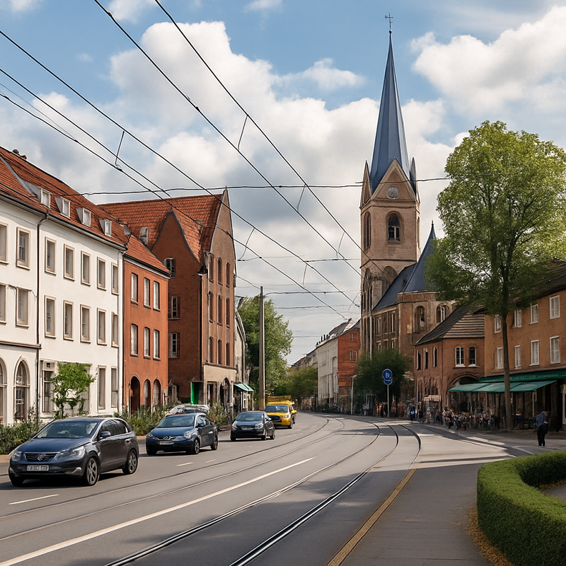 Eine Straßenszene in einer europäischen Stadt zeigt Autos und Straßenbahnen, die an farbenfrohen Gebäuden vorbeifahren - einige wurden erst kürzlich renoviert, wie bei einer Badsanierung in Düsseldorf durch TopBad24 - und eine Kirche mit einem spitzen Kirchturm unter einem teilweise bewölkten Himmel.