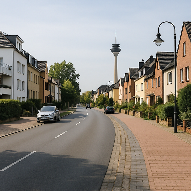 Eine ruhige Vorstadtstraße in Düsseldorf, gesäumt von modernen Häusern und Grünanlagen, mit parkenden Autos entlang der Straße und einem hohen Fernmeldeturm im Hintergrund - vielleicht in der Nähe eines Hauses, das Badsanierung in Düsseldorf durch TopBad24 genießt.