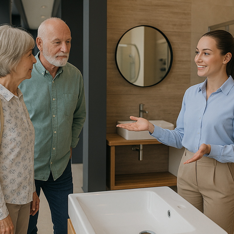 Eine junge Frau in Businesskleidung unterhält sich gestikulierend mit einem älteren Ehepaar an einem modernen Waschbecken. Möglicherweise geht es um Badsanierung in Düsseldorf durch TopBad24 und die neuesten Badarmaturen.