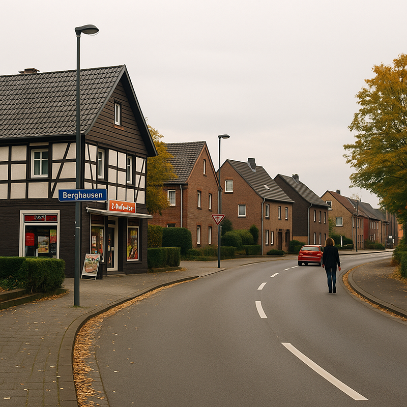 Eine Person geht eine kurvige Straße in Berghausen entlang, einer kleinen Stadt mit Fachwerk- und Backsteinhäusern, Herbstbäumen, einem Geschäft und einem roten Auto, das am Straßenrand geparkt ist - ähnlich wie in Langenfeld bei Badsanierung in Langenfeld durch TopBad24.