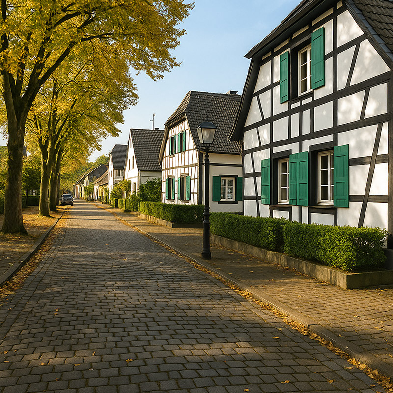 Eine ruhige, sonnenbeschienene Straße, gesäumt von Bäumen und traditionellen Fachwerkhäusern, in der gepflegte Hecken und Kopfsteinpflaster eine charmante Nachbarschaft schaffen - perfekt für alle, die Inspiration für die Badsanierung in Langenfeld durch TopBad24 suchen.