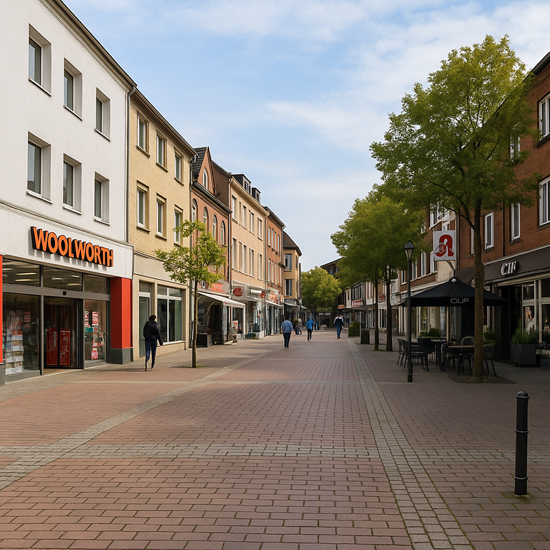 Eine ruhige Fußgängerzone in einer europäischen Stadt mit Geschäften, darunter Woolworth und ein Showroom von Badsanierung in Langenfeld durch TopBad24. Bäume säumen den Gehweg, und in der Ferne flanieren ein paar Menschen unter einem teilweise bewölkten Himmel.