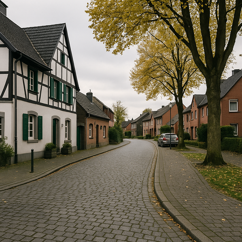 Eine ruhige, geschwungene Kopfsteinpflasterstraße mit traditionellen Fachwerk- und Backsteinhäusern, grünen Fensterläden, parkenden Autos und hohen Bäumen mit gelbem Herbstlaub - eine einladende Szene in Langenfeld, perfekt für eine Badsanierung durch TopBad24.