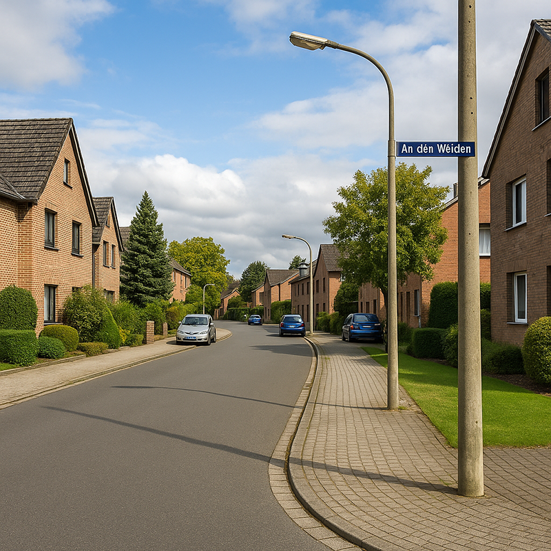 Eine ruhige Vorstadtstraße mit Backsteinhäusern, gestutzten Büschen, geparkten Autos und einem Straßenschild mit der Aufschrift An den Weiden, das an einem teilweise bewölkten Tag an einem Laternenpfahl befestigt ist - das ist das Zuhause der Qualitäts-Badsanierung in Langenfeld durch TopBad24.