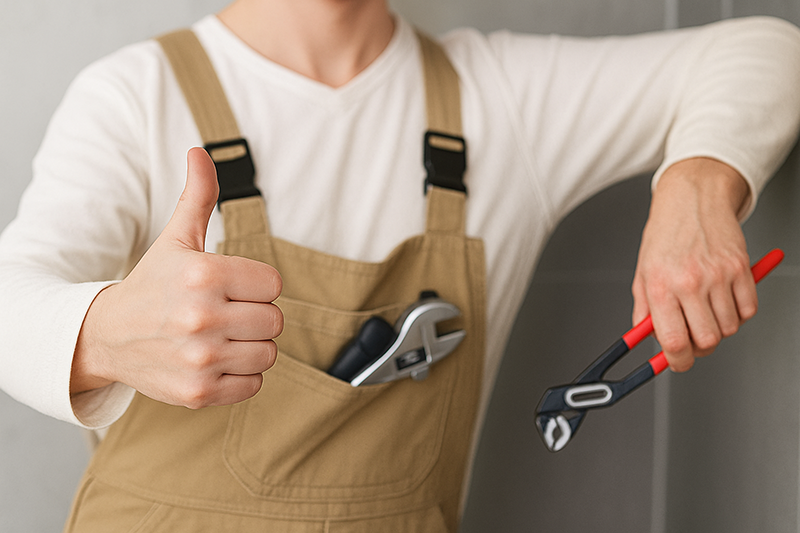 Eine Person in hellbrauner Latzhose hält in der einen Hand eine Rohrzange mit rotem Griff und zeigt mit der anderen Hand den Daumen nach oben; in der Latzhosentasche ist ein Schraubenschlüssel zu sehen, bereit zur Badsanierung in Düsseldorf durch TopBad24.