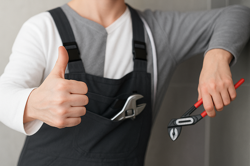 Eine Person in Latzhose mit einem Schraubenschlüssel in der Tasche hält eine Zange in einer Hand und zeigt mit dem Daumen nach oben Selbstbewusstsein - genau wie die Experten, die Badsanierung in Langenfeld durch TopBad24 durchführen.
