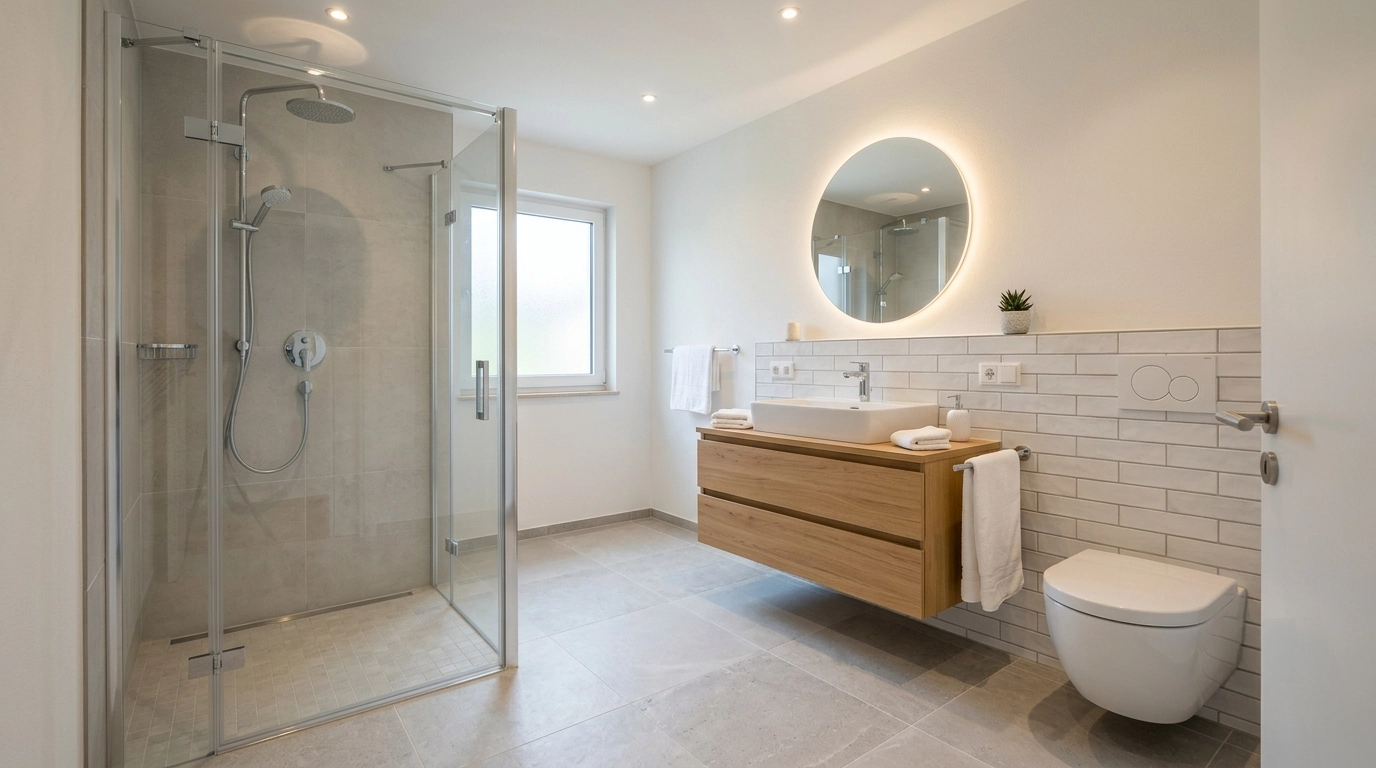 Modernes Badezimmer mit Glasduschkabine, Waschtisch aus hellem Holz mit zwei Waschbecken, rundem, hinterleuchtetem Spiegel, wandhängendem WC, hellem Fliesenboden und weiß gefliesten Wänden. Durchdachte Details wie Handtücher und kleine Pflanzen sorgen für eine minimalistische Gestaltung – eine ideale Inspiration für Ihr nächstes Badsanierungsprojekt in Monheim.