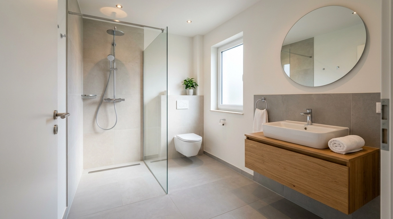 Ein modernes Badezimmer mit einer Glasduschkabine, einem wandhängenden WC, einem runden Spiegel, einem Waschtisch aus Holz mit Waschbecken, weißen Wänden, grauen Fliesen, einem Fenster und einer kleinen Topfpflanze – ein elegantes Beispiel für eine Badsanierung in Monheim, das Funktionalität mit zeitgemäßem Design verbindet.