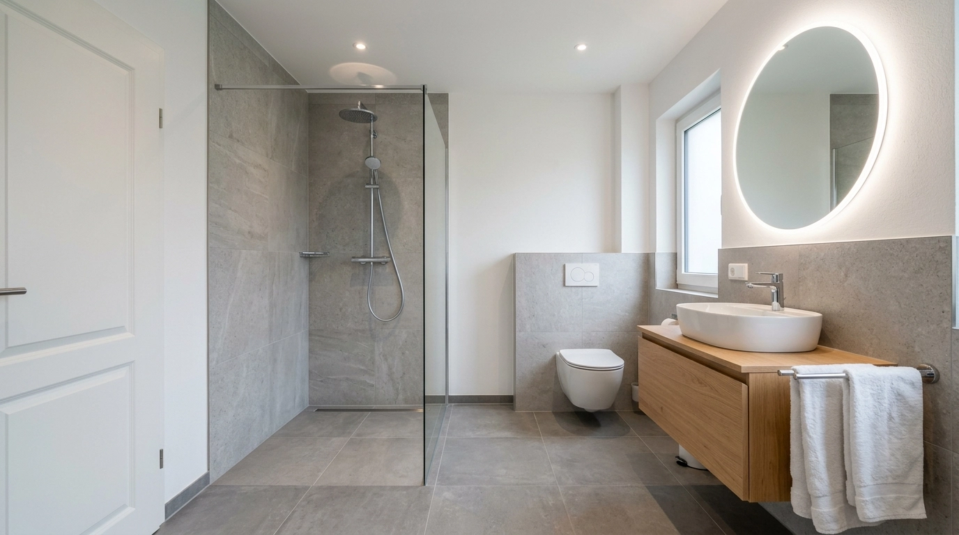 Ein modernes Badezimmer mit grauen Fliesen, einer Glasduschkabine, einem wandhängenden WC, einem Waschtisch aus Holz mit rundem Waschbecken, einem runden, beleuchteten Spiegel und einem Fenster – die perfekte Inspiration für Ihre nächste Badsanierung in Monheim. Ein weißes Handtuch hängt ordentlich an der Seite des Waschtischs und verleiht dem modernen Raum einen Hauch von Eleganz.
