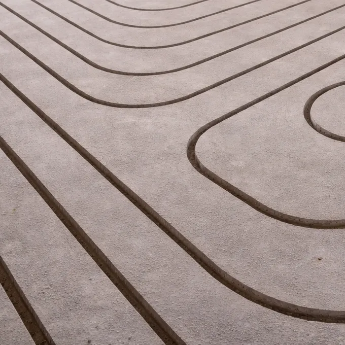 In eine glatte, beigefarbene Beton- oder Steinoberfläche werden gleichmäßig geschwungene Rillen oder Kanäle eingearbeitet, so dass ein sich wiederholendes geometrisches Muster auf der Platte entsteht.