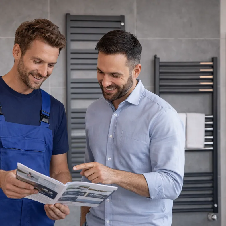 Zwei Männer stehen in einem Haus, der eine in einem blauen Overall, der andere in einem hellen Hemd, lächeln und schauen sich gemeinsam eine Broschüre an. Im Hintergrund sind Handtuchheizkörper und gekachelte Wände zu sehen.