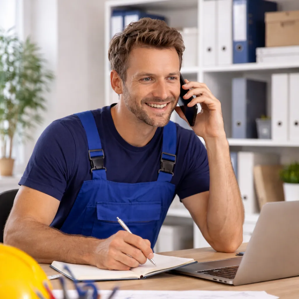Ein lächelnder Mann in einem blauen Overall sitzt an einem Schreibtisch, telefoniert, schreibt in ein Notizbuch und benutzt einen Laptop. Im Hintergrund sind Büroregale und ein gelber Schutzhelm zu sehen.