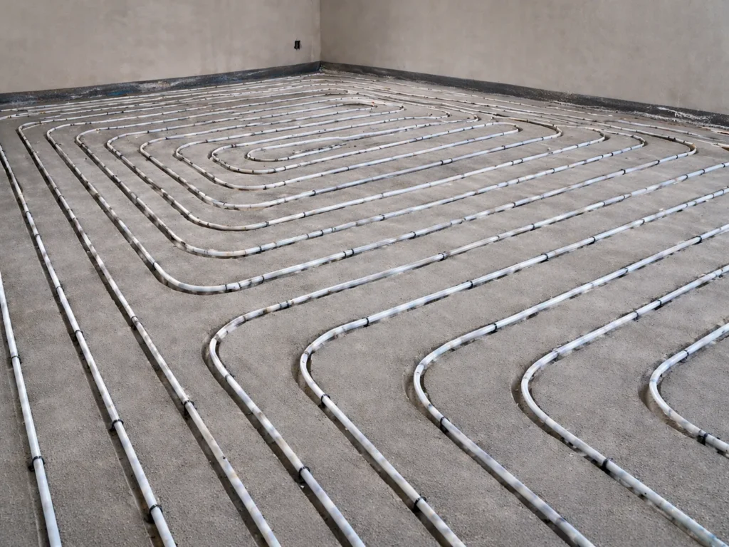 Kunststoffrohre, die in einem gewundenen, parallelen Muster auf einem Betonboden angeordnet sind, zeigen die Installation einer Fußbodenheizung in einem unfertigen Raum mit kahlen Wänden.