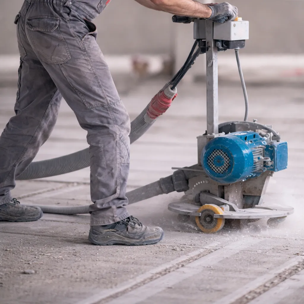 Ein Bauarbeiter arbeitet mit einer Bodenschleifmaschine und glättet eine Betonoberfläche in einem Gebäude. Staub und Schutt sind zu sehen, während sich die Maschine durch die Bodenrillen bewegt.