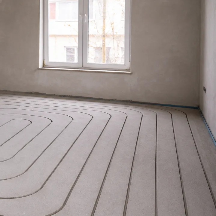 Ein Raum mit kahlen, unbearbeiteten Wänden und einem Fenster, in dessen Betonboden Rillen für die Installation einer Fußbodenheizung geschnitten wurden. Die Rillen verlaufen in einem geschwungenen, mäandernden Muster über die Bodenoberfläche.