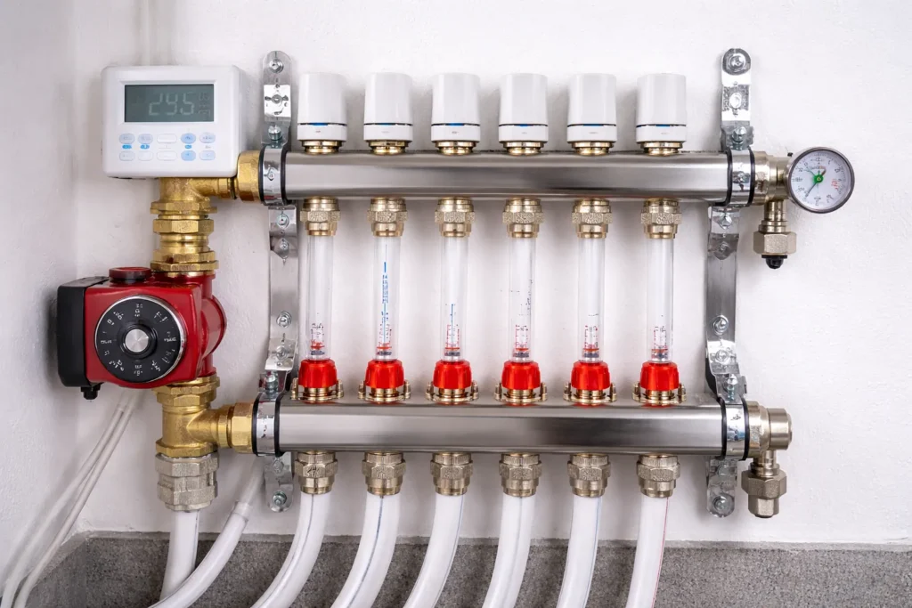 Nahaufnahme eines Verteilersystems für eine Fußbodenheizung mit mehreren Rohren, einzelnen Durchflussmessern, Ventilen, einem Manometer und einem digitalen Thermostat, das an einer weißen Wand montiert ist.