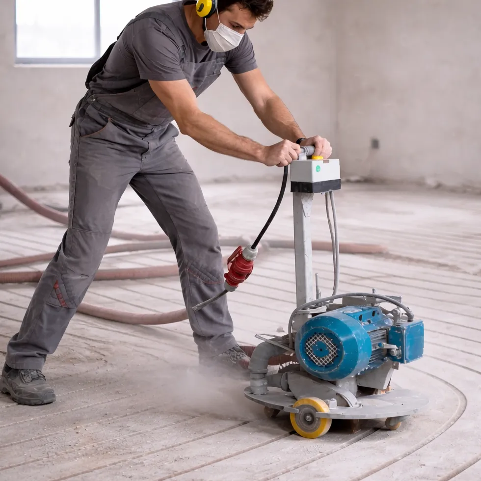 Ein Arbeiter in grauem Overall und mit Gesichtsmaske bedient eine Bodenschleifmaschine auf einer staubigen, unfertigen Betonoberfläche in einem Gebäude, das gerade gebaut oder renoviert wird.