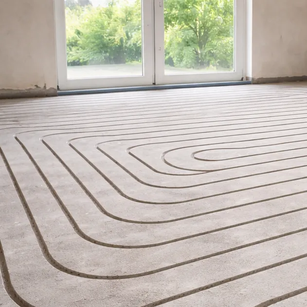 In einem unfertigen Raum mit großen Fenstern werden Nuten für Fußbodenheizungsrohre in den Betonboden gefräst, so dass natürliches Licht ins Innere fällt und das Grün nach draußen fällt.