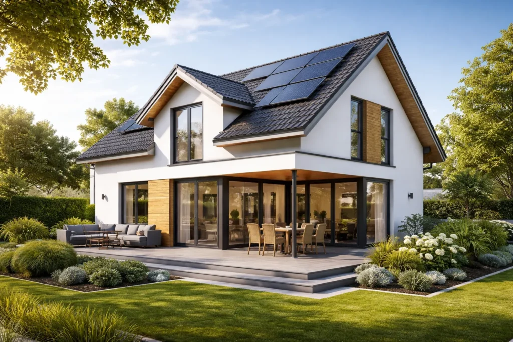 Modernes zweistöckiges Haus mit Sonnenkollektoren auf dem Dach, großen Fenstern, einer Terrasse mit Sitz- und Essgelegenheiten im Freien, umgeben von einem gepflegten Garten unter einem sonnigen Himmel.