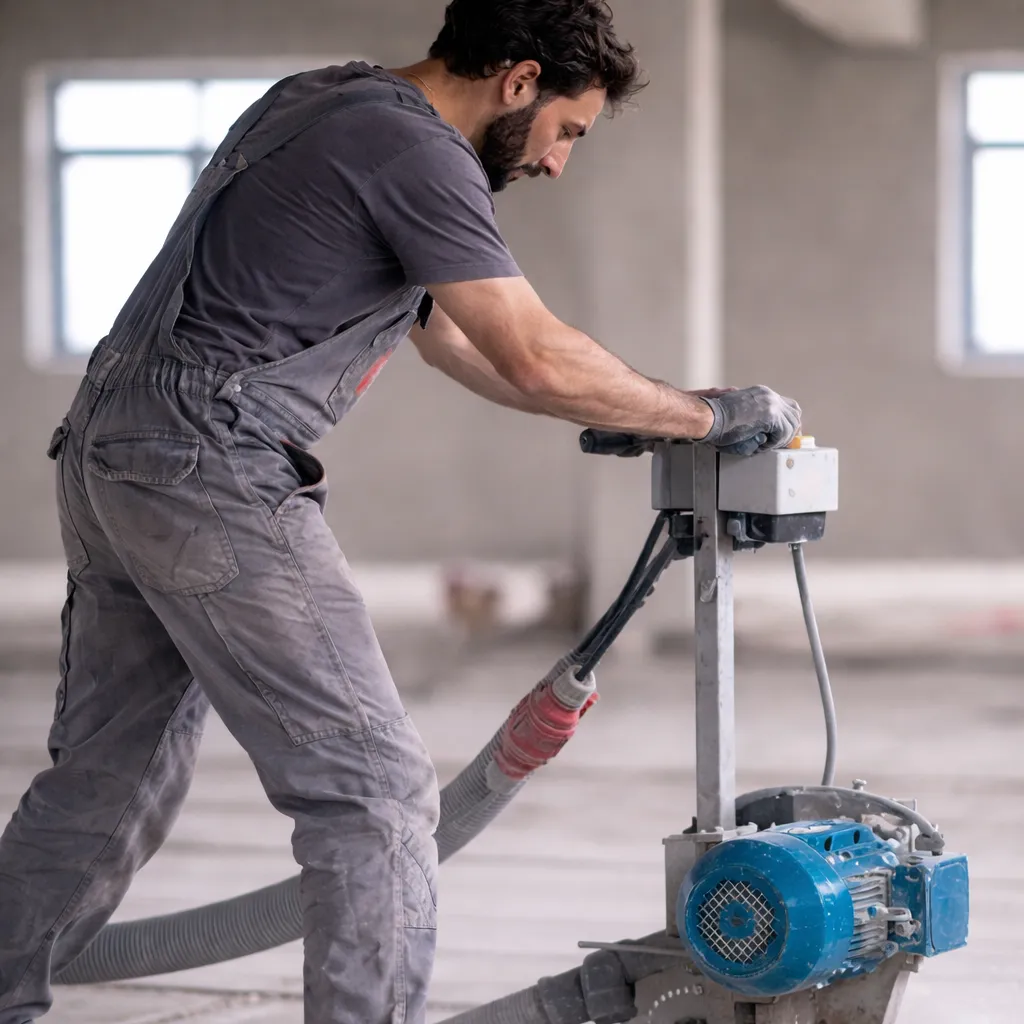Ein Mann in grauem Overall und Handschuhen bedient eine Bodenschleifmaschine in einem unfertigen Raum mit Betonboden und großen Fenstern.