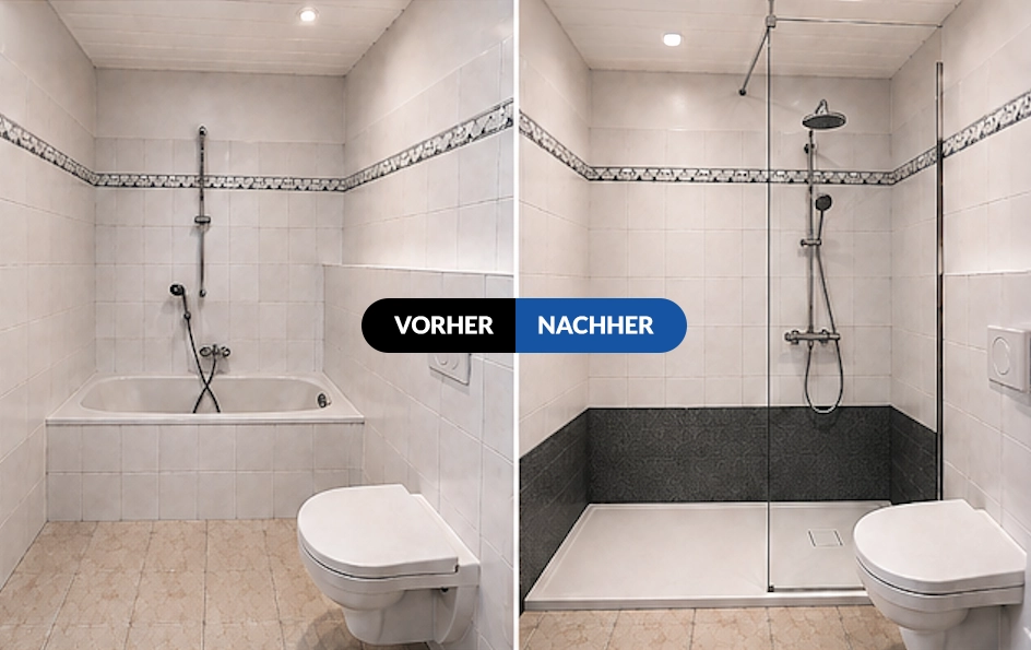 Badezimmer im direkten Vergleich: Links ist eine Badewanne mit Wanddusche zu sehen, rechts eine moderne begehbare Dusche mit Glaswand, Regenduschkopf und schwarzen Fliesen. Die Beschriftungen „Vorher“ und „Nachher“ geben den Zustand vor und nach der Umgestaltung an.