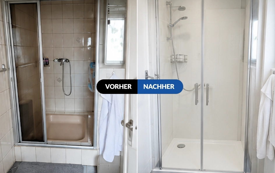Nebeneinander liegende Duschen: Links ist eine alte, mit beigen Fliesen verkleidete Dusche mit braunem Sockel zu sehen, rechts eine moderne, mit weißen Fliesen verkleidete Dusche mit Klarglastüren. In der Mitte sind die Beschriftungen „Vorher“ und „Nachher“ zu sehen.