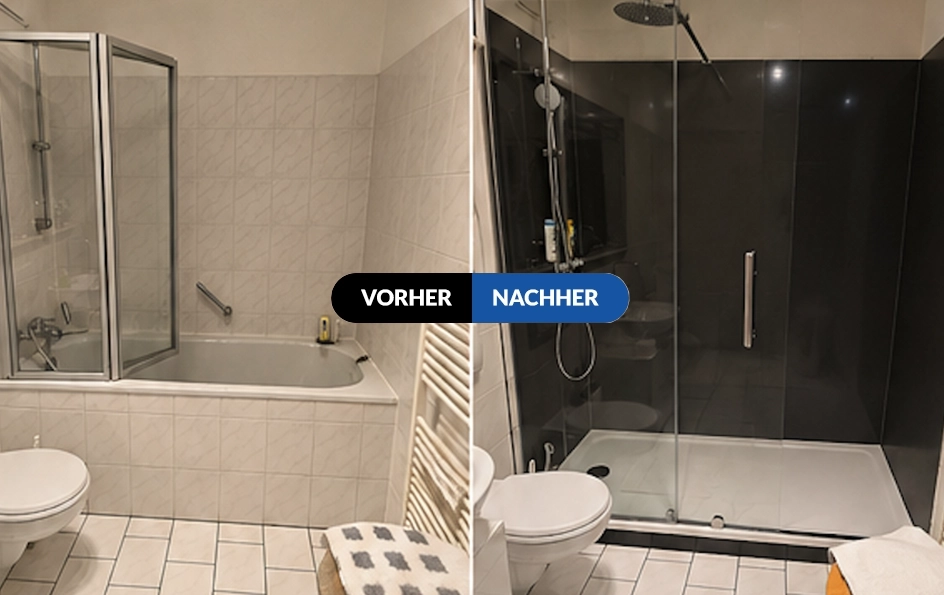 Das geteilte Bild zeigt ein Badezimmer vor und nach der Renovierung: Auf der linken Seite sind eine Badewanne, weiße Fliesen und beigefarbene Wände zu sehen; auf der rechten Seite befindet sich eine moderne, mit schwarzen Fliesen ausgekleidete begehbare Dusche. Die Beschriftungen „Vorher“ und „Nachher“ kennzeichnen die jeweilige Seite.